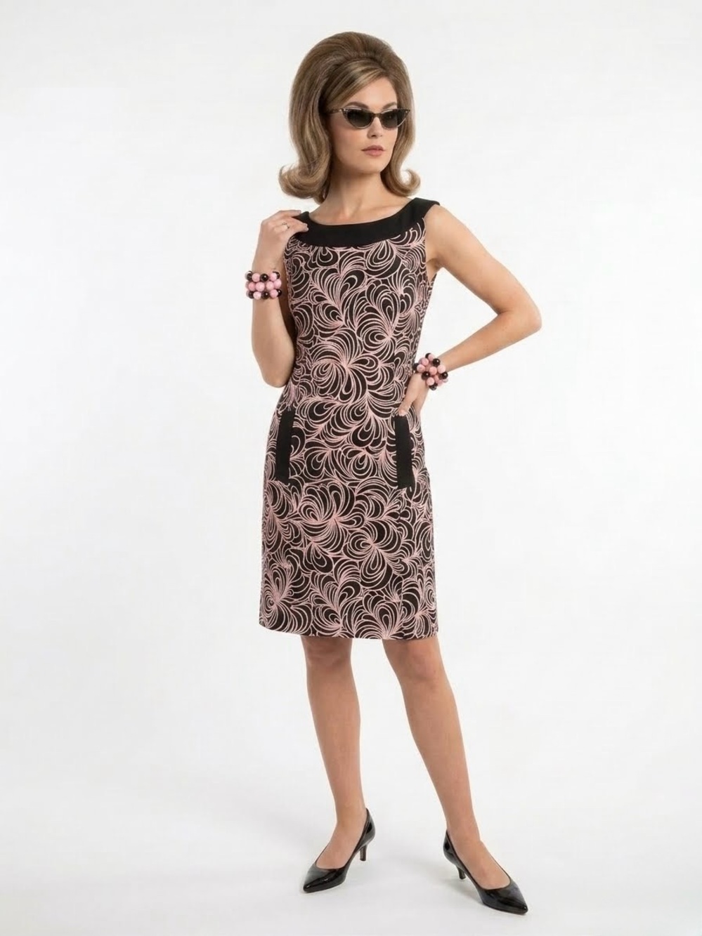 Dressbarn Retro 60s Mod Swirl Shift Dress Pink Black Sz 12 Pockets Vintage Vibes